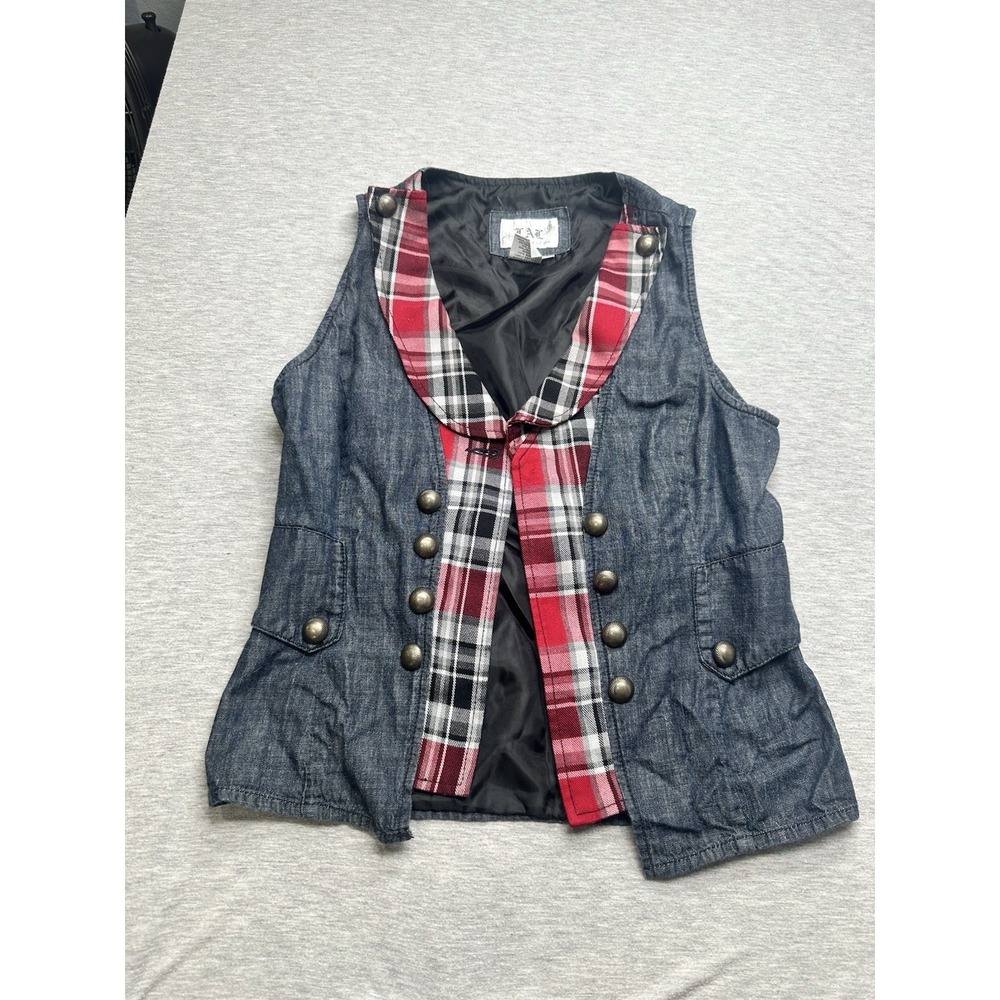 Live A Little Plaid Vest Size‎ S Black Gray Denim & Red